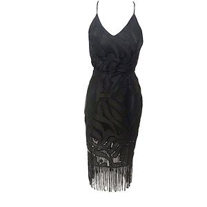 Women’s Lace Tassel Bodycon Backless Dress Black L